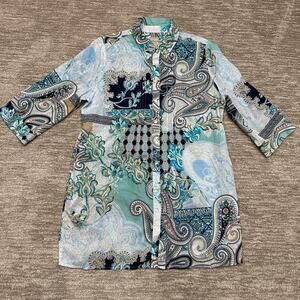 Chicos Shirt Womens 2 (12/14) Blue Paisley Tunic Lightweight Cotton Pockets